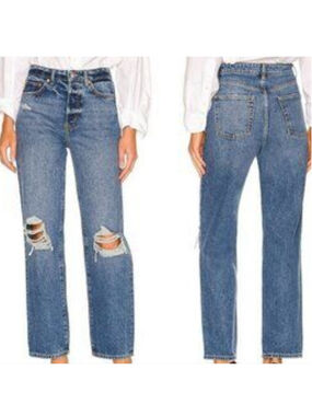 Revolve Lovers And Friends Ryan High Rise Straight Distressed Blue Jeans Size 26